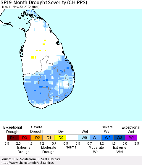 Sri Lanka SPI 9-Month Drought Severity (CHIRPS) Thematic Map For 3/1/2022 - 11/30/2022