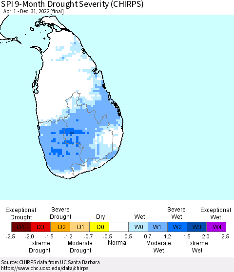 Sri Lanka SPI 9-Month Drought Severity (CHIRPS) Thematic Map For 4/1/2022 - 12/31/2022