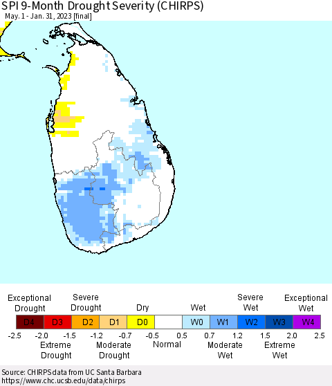 Sri Lanka SPI 9-Month Drought Severity (CHIRPS) Thematic Map For 5/1/2022 - 1/31/2023