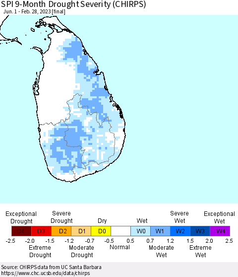 Sri Lanka SPI 9-Month Drought Severity (CHIRPS) Thematic Map For 6/1/2022 - 2/28/2023