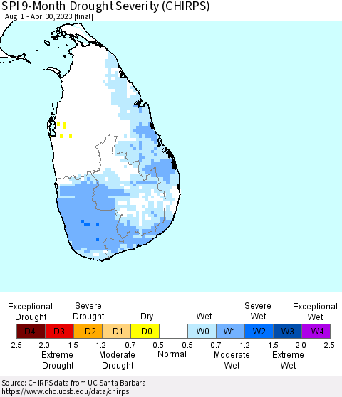 Sri Lanka SPI 9-Month Drought Severity (CHIRPS) Thematic Map For 8/1/2022 - 4/30/2023