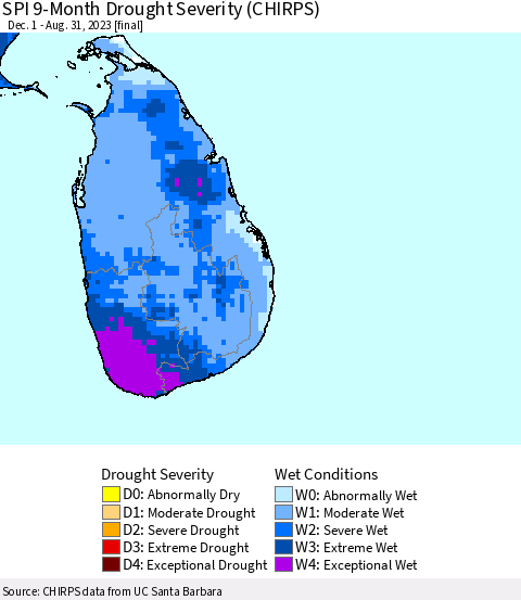 Sri Lanka SPI 9-Month Drought Severity (CHIRPS) Thematic Map For 12/1/2022 - 8/31/2023