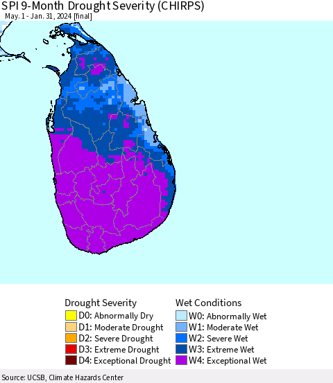 Sri Lanka SPI 9-Month Drought Severity (CHIRPS) Thematic Map For 5/1/2023 - 1/31/2024