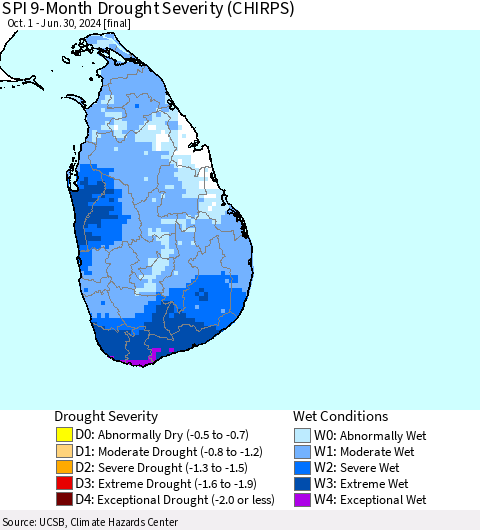 Sri Lanka SPI 9-Month Drought Severity (CHIRPS) Thematic Map For 10/1/2023 - 6/30/2024