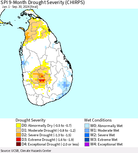 Sri Lanka SPI 9-Month Drought Severity (CHIRPS) Thematic Map For 1/1/2024 - 9/30/2024