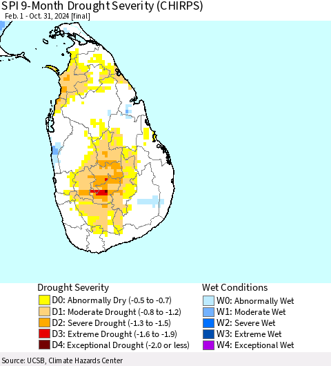 Sri Lanka SPI 9-Month Drought Severity (CHIRPS) Thematic Map For 2/1/2024 - 10/31/2024