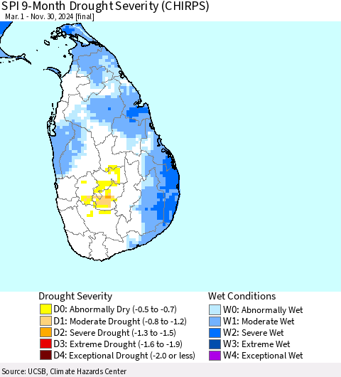 Sri Lanka SPI 9-Month Drought Severity (CHIRPS) Thematic Map For 3/1/2024 - 11/30/2024
