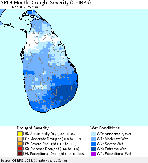 Sri Lanka SPI 9-Month Drought Severity (CHIRPS) Thematic Map For 7/1/2024 - 3/31/2025