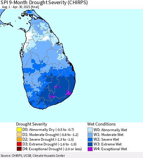 Sri Lanka SPI 9-Month Drought Severity (CHIRPS) Thematic Map For 8/1/2024 - 4/30/2025