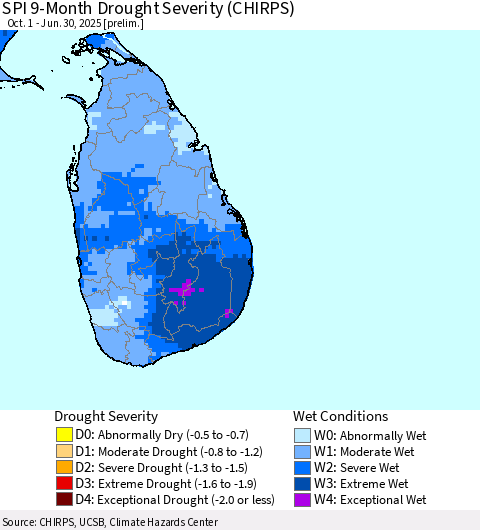 Sri Lanka SPI 9-Month Drought Severity (CHIRPS) Thematic Map For 10/1/2024 - 6/30/2025