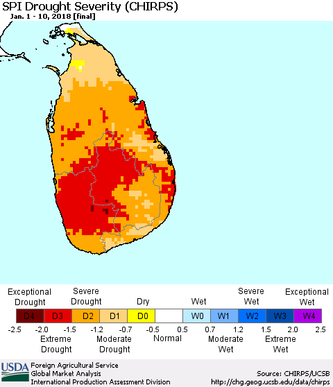 Sri Lanka SPI Drought Severity (CHIRPS) Thematic Map For 1/1/2018 - 1/10/2018