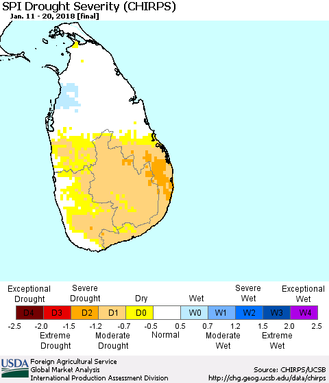 Sri Lanka SPI Drought Severity (CHIRPS) Thematic Map For 1/11/2018 - 1/20/2018