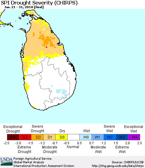Sri Lanka SPI Drought Severity (CHIRPS) Thematic Map For 1/21/2018 - 1/31/2018