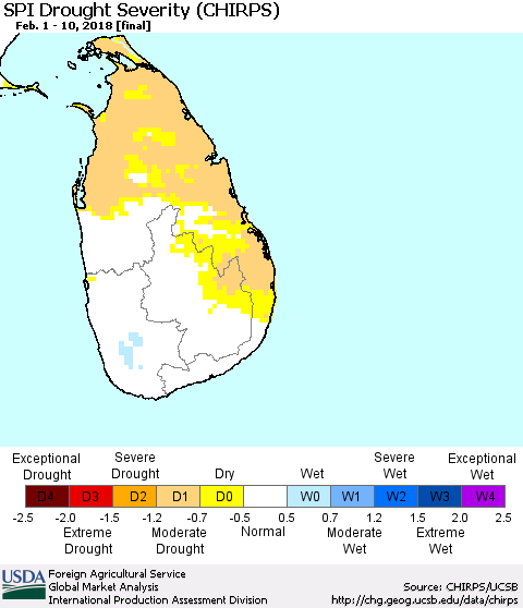 Sri Lanka SPI Drought Severity (CHIRPS) Thematic Map For 2/1/2018 - 2/10/2018