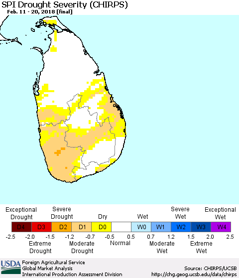 Sri Lanka SPI Drought Severity (CHIRPS) Thematic Map For 2/11/2018 - 2/20/2018