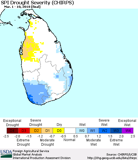 Sri Lanka SPI Drought Severity (CHIRPS) Thematic Map For 3/1/2018 - 3/10/2018