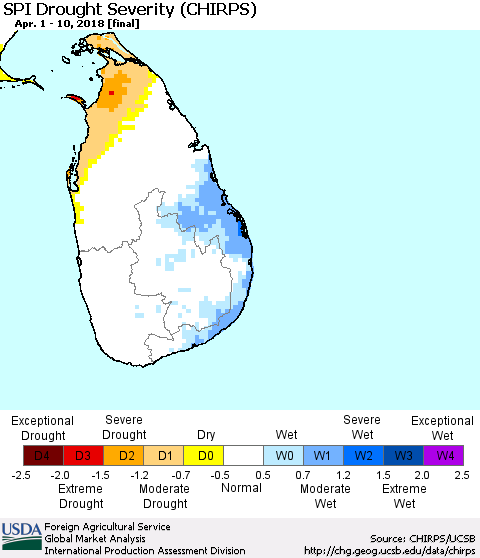 Sri Lanka SPI Drought Severity (CHIRPS) Thematic Map For 4/1/2018 - 4/10/2018