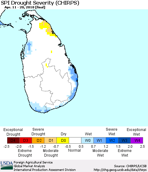 Sri Lanka SPI Drought Severity (CHIRPS) Thematic Map For 4/11/2018 - 4/20/2018