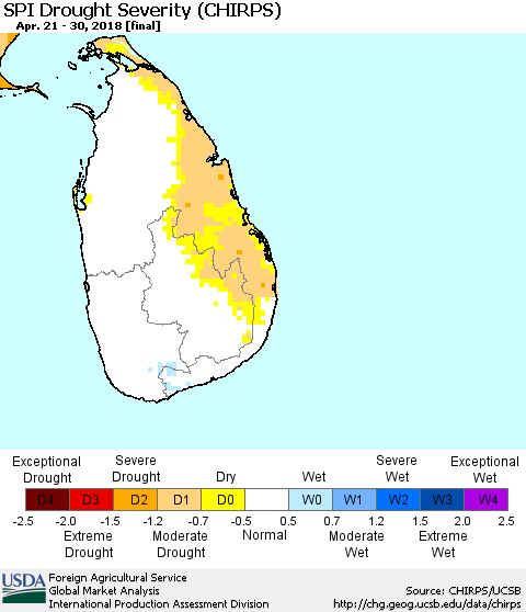 Sri Lanka SPI Drought Severity (CHIRPS) Thematic Map For 4/21/2018 - 4/30/2018