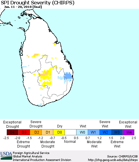 Sri Lanka SPI Drought Severity (CHIRPS) Thematic Map For 6/11/2018 - 6/20/2018