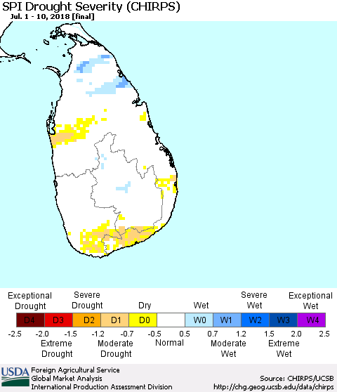 Sri Lanka SPI Drought Severity (CHIRPS) Thematic Map For 7/1/2018 - 7/10/2018