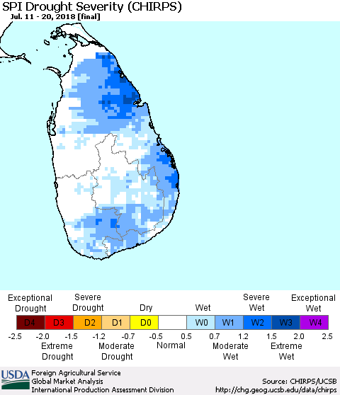 Sri Lanka SPI Drought Severity (CHIRPS) Thematic Map For 7/11/2018 - 7/20/2018