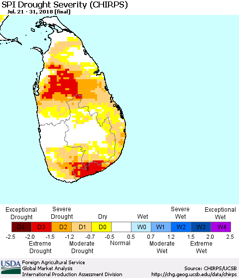 Sri Lanka SPI Drought Severity (CHIRPS) Thematic Map For 7/21/2018 - 7/31/2018