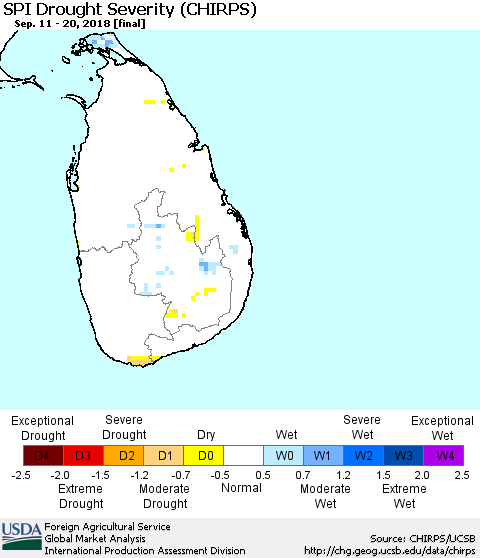 Sri Lanka SPI Drought Severity (CHIRPS) Thematic Map For 9/11/2018 - 9/20/2018