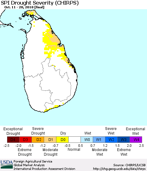 Sri Lanka SPI Drought Severity (CHIRPS) Thematic Map For 10/11/2018 - 10/20/2018