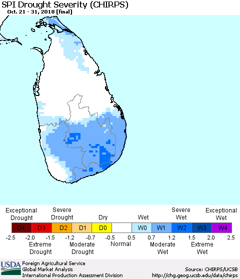 Sri Lanka SPI Drought Severity (CHIRPS) Thematic Map For 10/21/2018 - 10/31/2018