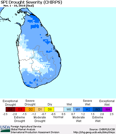 Sri Lanka SPI Drought Severity (CHIRPS) Thematic Map For 11/1/2018 - 11/10/2018