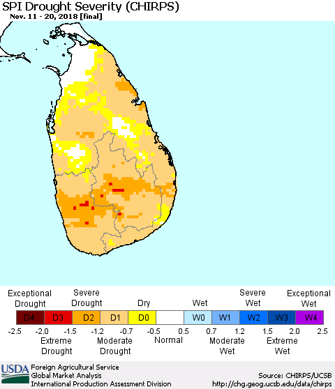 Sri Lanka SPI Drought Severity (CHIRPS) Thematic Map For 11/11/2018 - 11/20/2018