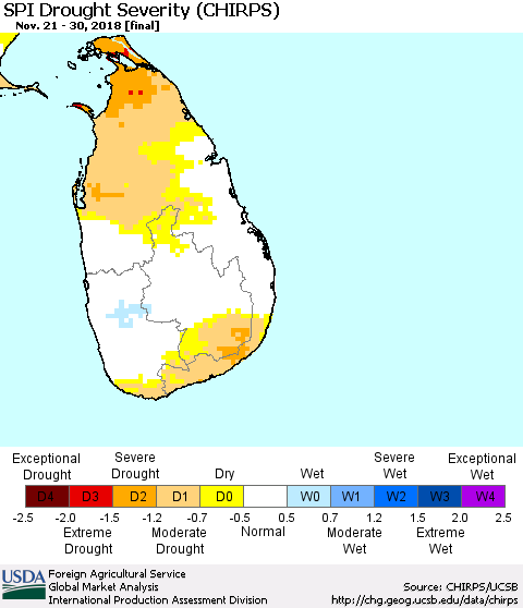Sri Lanka SPI Drought Severity (CHIRPS) Thematic Map For 11/21/2018 - 11/30/2018