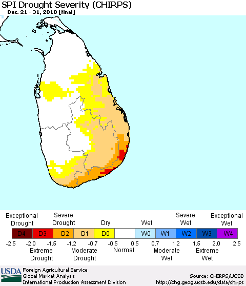 Sri Lanka SPI Drought Severity (CHIRPS) Thematic Map For 12/21/2018 - 12/31/2018