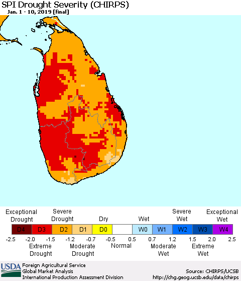 Sri Lanka SPI Drought Severity (CHIRPS) Thematic Map For 1/1/2019 - 1/10/2019