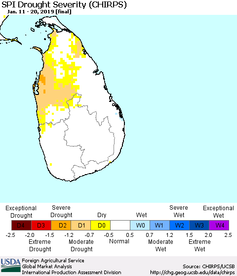 Sri Lanka SPI Drought Severity (CHIRPS) Thematic Map For 1/11/2019 - 1/20/2019