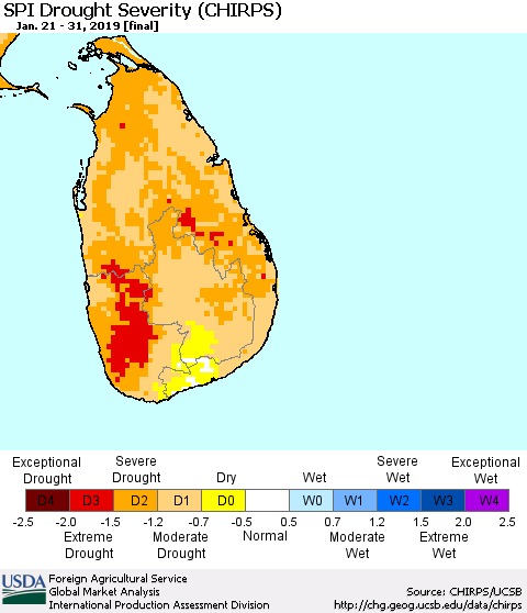 Sri Lanka SPI Drought Severity (CHIRPS) Thematic Map For 1/21/2019 - 1/31/2019