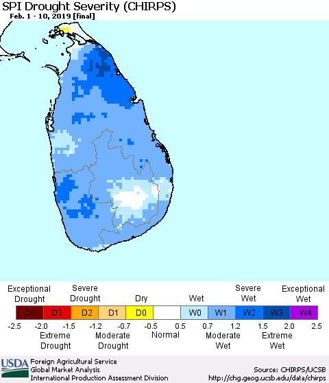 Sri Lanka SPI Drought Severity (CHIRPS) Thematic Map For 2/1/2019 - 2/10/2019