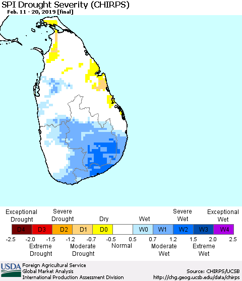 Sri Lanka SPI Drought Severity (CHIRPS) Thematic Map For 2/11/2019 - 2/20/2019