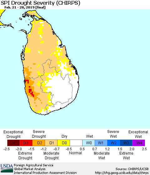 Sri Lanka SPI Drought Severity (CHIRPS) Thematic Map For 2/21/2019 - 2/28/2019