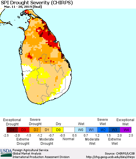 Sri Lanka SPI Drought Severity (CHIRPS) Thematic Map For 3/11/2019 - 3/20/2019
