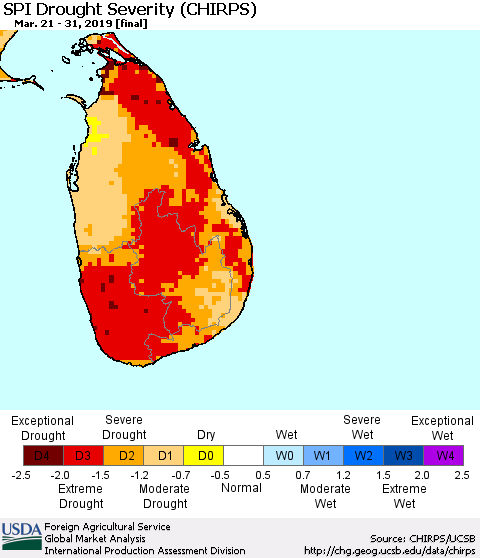 Sri Lanka SPI Drought Severity (CHIRPS) Thematic Map For 3/21/2019 - 3/31/2019