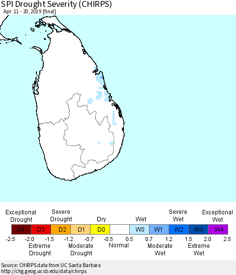 Sri Lanka SPI Drought Severity (CHIRPS) Thematic Map For 4/11/2019 - 4/20/2019