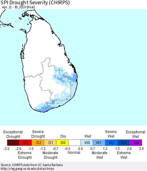 Sri Lanka SPI Drought Severity (CHIRPS) Thematic Map For 4/21/2019 - 4/30/2019