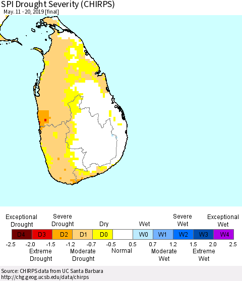 Sri Lanka SPI Drought Severity (CHIRPS) Thematic Map For 5/11/2019 - 5/20/2019