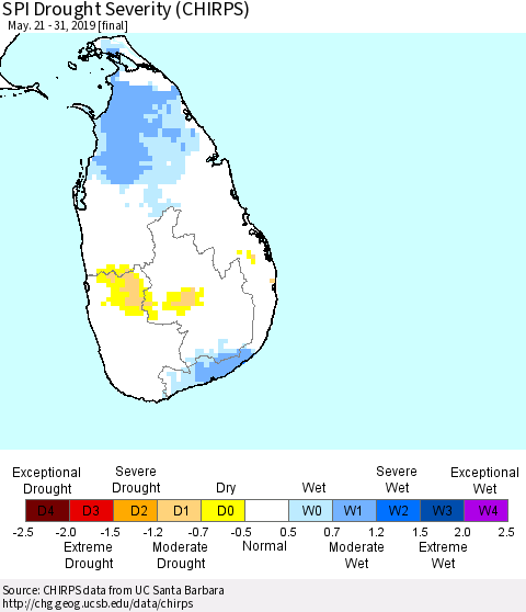 Sri Lanka SPI Drought Severity (CHIRPS) Thematic Map For 5/21/2019 - 5/31/2019