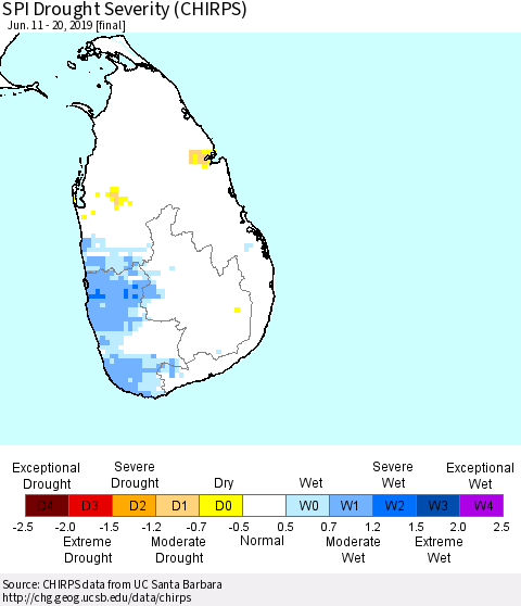 Sri Lanka SPI Drought Severity (CHIRPS) Thematic Map For 6/11/2019 - 6/20/2019