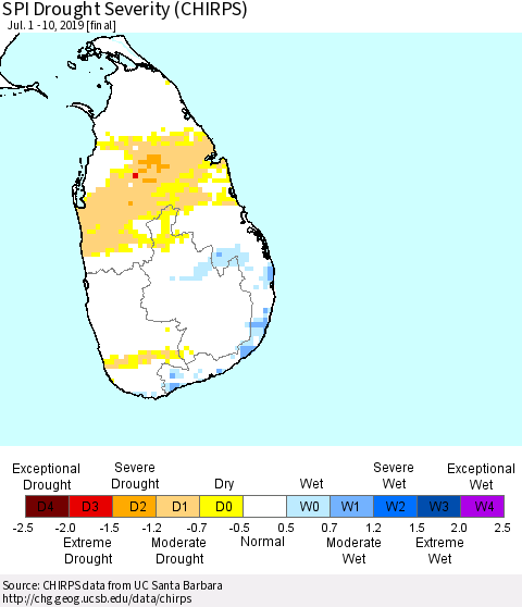 Sri Lanka SPI Drought Severity (CHIRPS) Thematic Map For 7/1/2019 - 7/10/2019