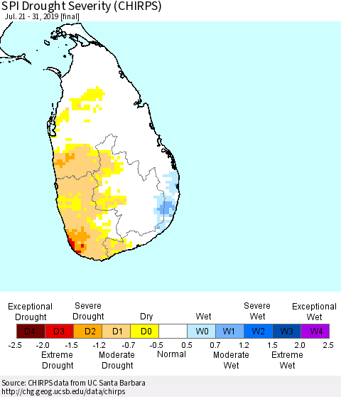 Sri Lanka SPI Drought Severity (CHIRPS) Thematic Map For 7/21/2019 - 7/31/2019