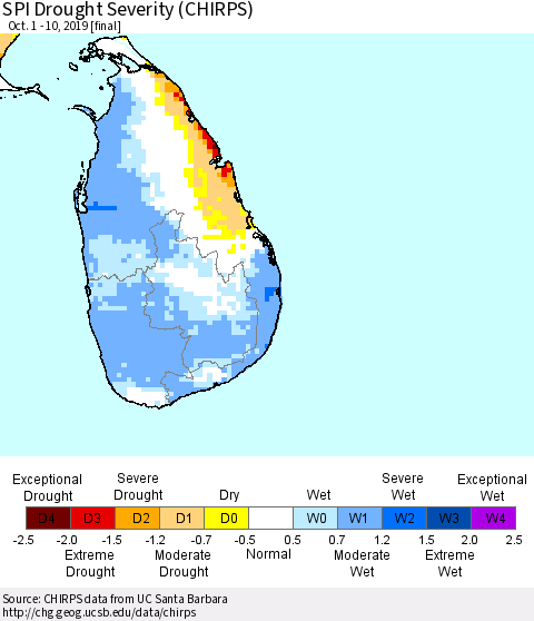 Sri Lanka SPI Drought Severity (CHIRPS) Thematic Map For 10/1/2019 - 10/10/2019